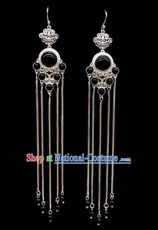 Chinese Traditional Mongolian Ethnic Sliver Accessories Mongol Nationality Black Earrings for Women