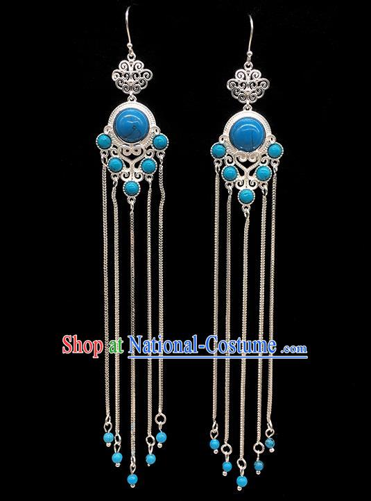 Chinese Traditional Mongolian Ethnic Sliver Accessories Mongol Nationality Blue Earrings for Women