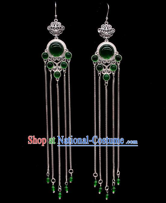 Chinese Traditional Mongolian Ethnic Sliver Accessories Mongol Nationality Green Agate Earrings for Women