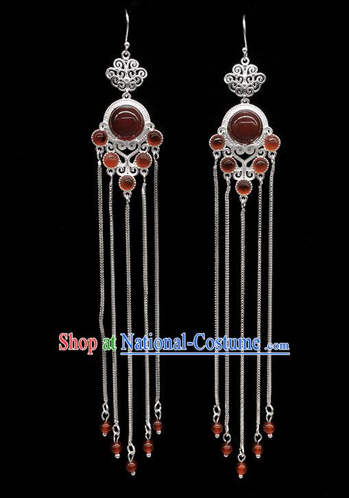 Chinese Traditional Mongolian Ethnic Sliver Accessories Mongol Nationality Garnet Earrings for Women