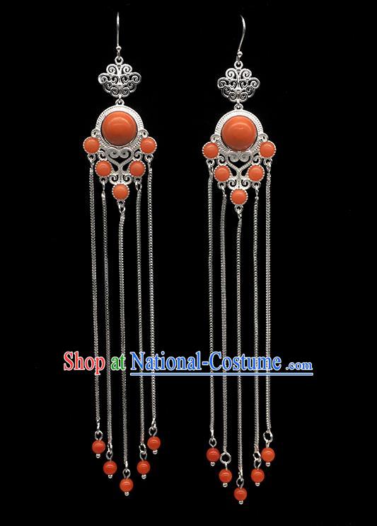 Chinese Traditional Mongolian Ethnic Sliver Accessories Mongol Nationality Coral Stone Earrings for Women