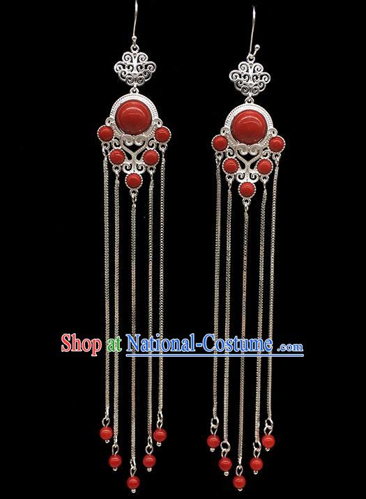 Chinese Traditional Mongolian Ethnic Sliver Accessories Mongol Nationality Red Earrings for Women