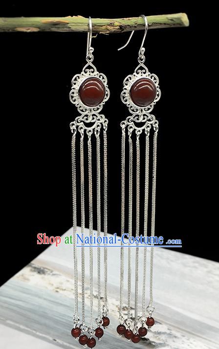 Traditional Chinese Mongolian Ethnic Red Agate Earring Mongol Nationality Sliver Tassel Ear Accessories for Women