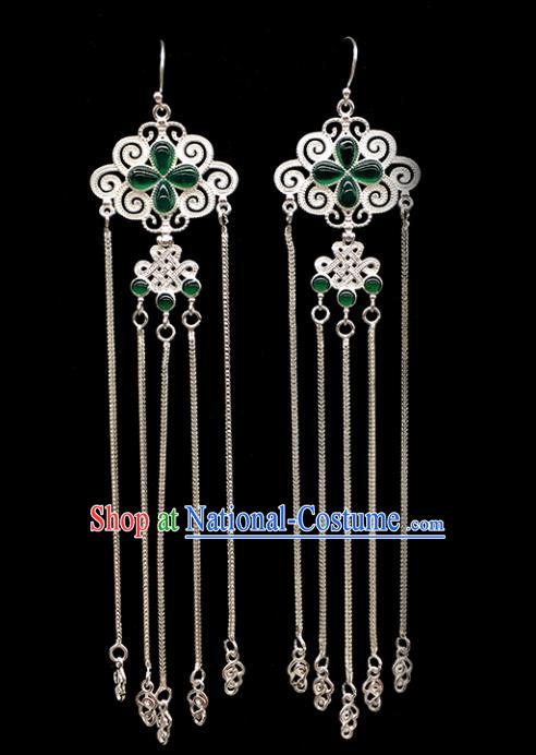 Traditional Chinese Mongolian Ethnic Sliver Tassel Earring Mongol Nationality Green Agate Ear Accessories for Women