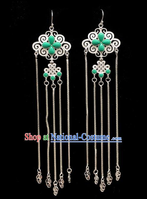 Traditional Chinese Mongolian Ethnic Sliver Tassel Earring Mongol Nationality Green Ear Accessories for Women