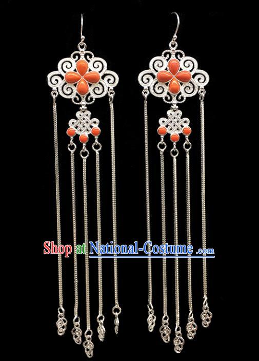 Traditional Chinese Mongolian Ethnic Sliver Tassel Earring Mongol Nationality Coral Stone Ear Accessories for Women