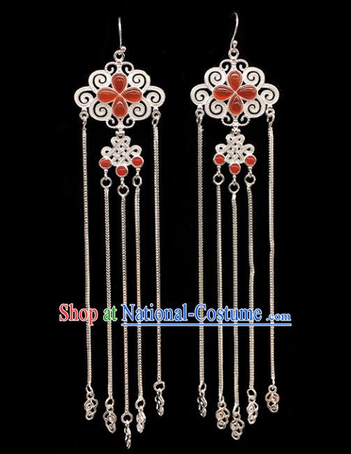 Traditional Chinese Mongolian Ethnic Sliver Tassel Earring Mongol Nationality Agate Ear Accessories for Women