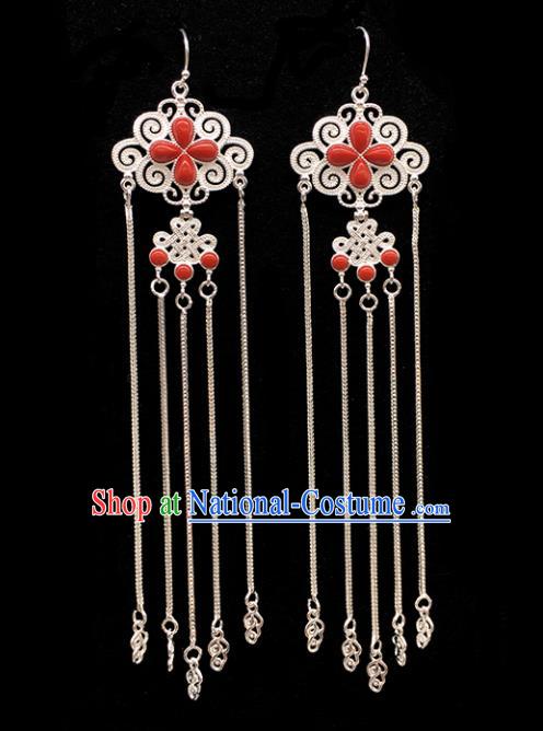 Traditional Chinese Mongolian Ethnic Sliver Tassel Earring Mongol Nationality Red Ear Accessories for Women