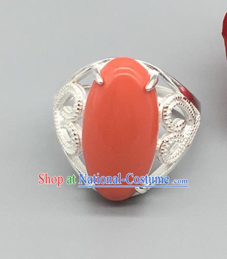 Chinese Traditional Ethnic Coral Stone Rings Handmade Zang Nationality Sliver Finger Ring for Women