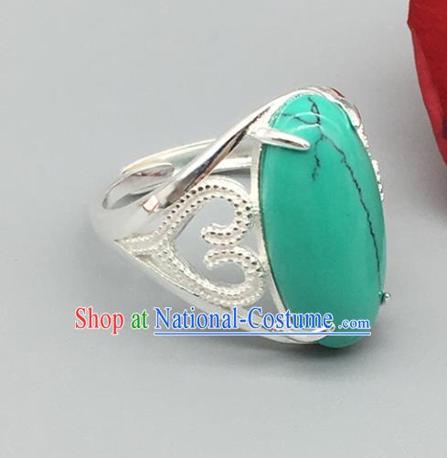 Chinese Traditional Ethnic Kallaite Rings Handmade Zang Nationality Sliver Finger Ring for Women