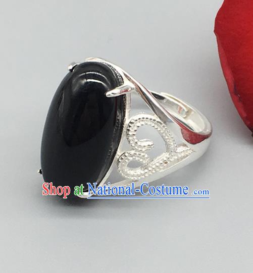 Chinese Traditional Ethnic Black Rings Handmade Zang Nationality Sliver Finger Ring for Women