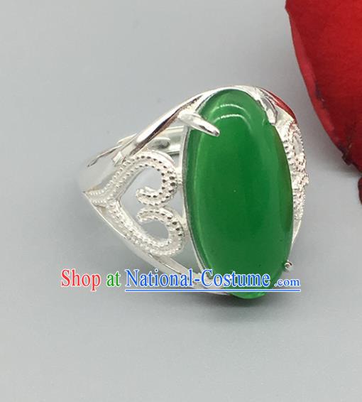 Chinese Traditional Ethnic Green Agate Rings Handmade Zang Nationality Sliver Finger Ring for Women