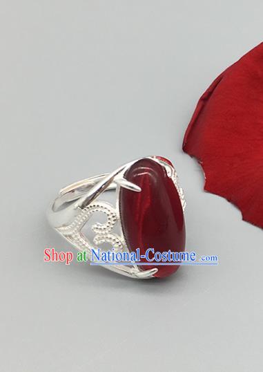 Chinese Traditional Ethnic Garnet Rings Handmade Zang Nationality Sliver Finger Ring for Women