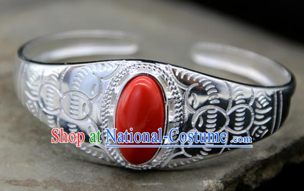 Chinese Traditional Ethnic Red Bracelet Handmade Zang Nationality Sliver Bangle for Women