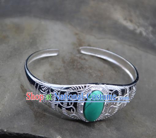 Chinese Traditional Ethnic Kallaite Bracelet Handmade Zang Nationality Sliver Bangle for Women