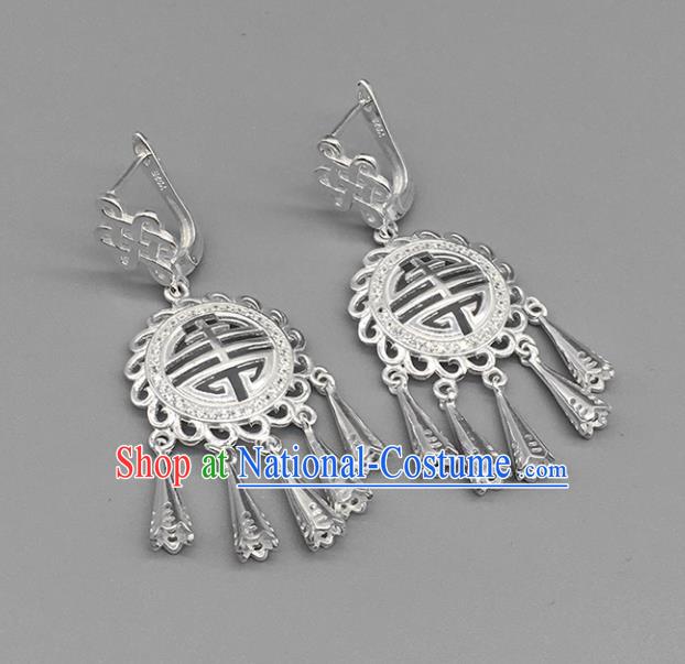 Traditional Chinese Mongolian Ethnic Sliver Carving Earring Mongol Nationality Ear Accessories for Women