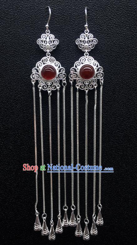 Traditional Chinese Mongolian Ethnic Sliver Tassel Earring Mongol Nationality Garnet Ear Accessories for Women