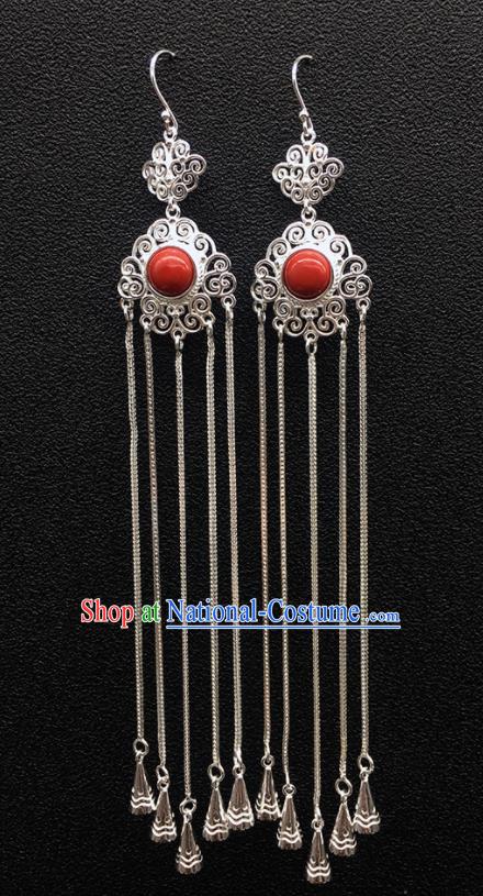 Traditional Chinese Mongolian Ethnic Sliver Tassel Earring Mongol Nationality Red Stone Ear Accessories for Women