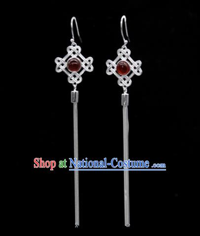 Traditional Chinese Mongolian Ethnic Garnet Earring Mongol Nationality Sliver Ear Accessories for Women