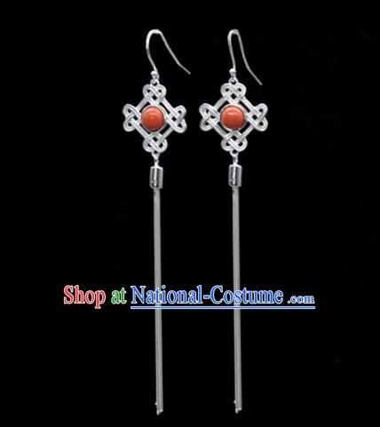 Traditional Chinese Mongolian Ethnic Coral Stone Earring Mongol Nationality Sliver Ear Accessories for Women