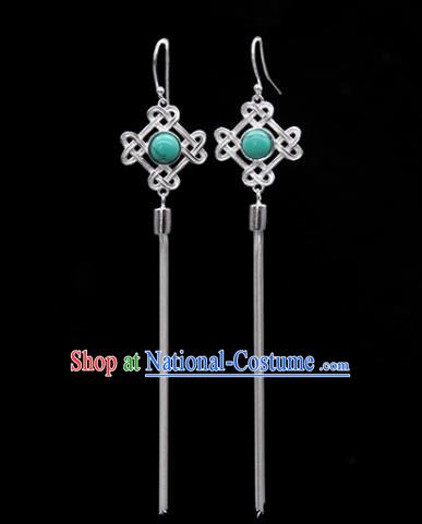 Traditional Chinese Mongolian Ethnic Green Stone Earring Mongol Nationality Sliver Ear Accessories for Women