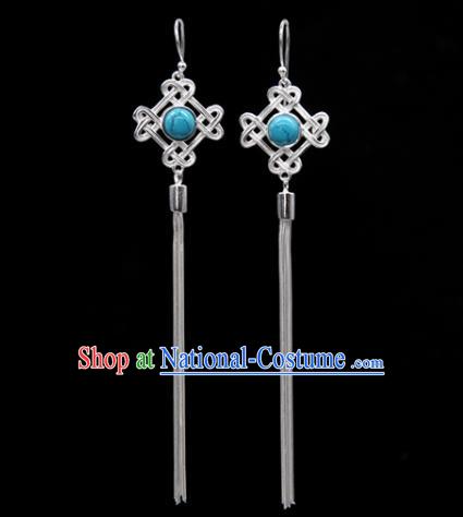 Traditional Chinese Mongolian Ethnic Blue Stone Earring Mongol Nationality Sliver Ear Accessories for Women