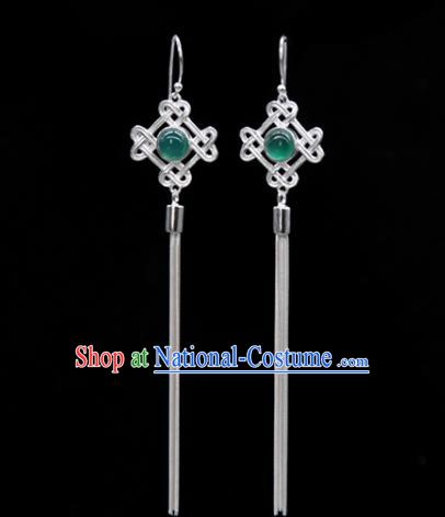 Traditional Chinese Mongolian Ethnic Green Agate Earring Mongol Nationality Sliver Ear Accessories for Women