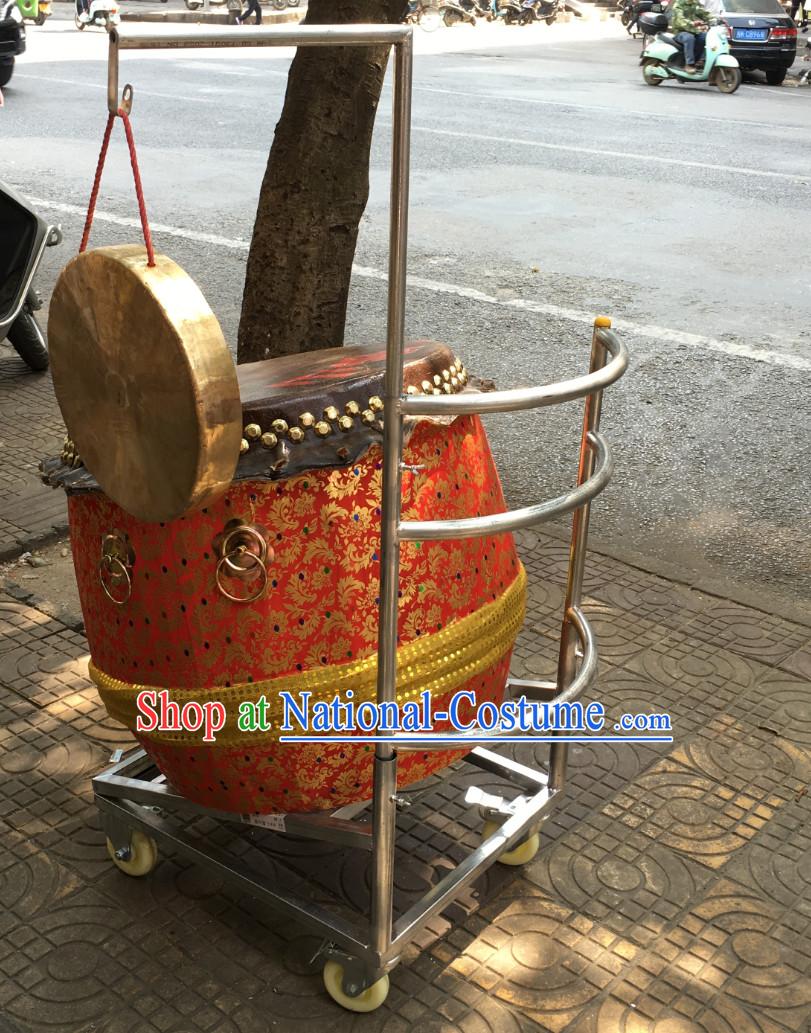 Traditional Lion Dance Drum Cart and Gong Stand Set