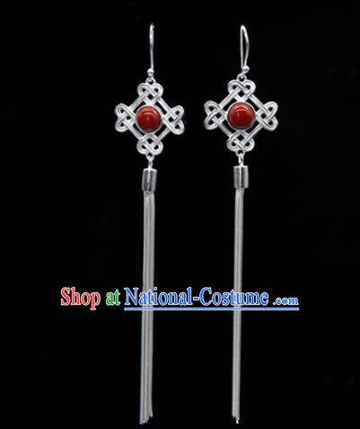 Traditional Chinese Mongolian Ethnic Red Stone Earring Mongol Nationality Sliver Ear Accessories for Women