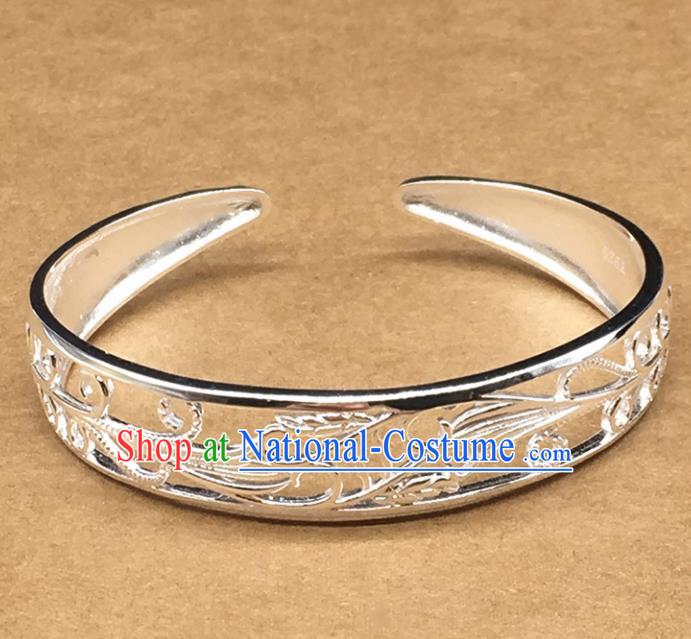 Traditional Chinese Mongolian Ethnic Carving Bracelet Mongol Nationality Sliver Bangle Accessories for Women