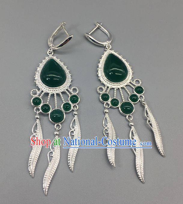 Traditional Chinese Mongolian Green Agate Earring Mongol Nationality Ethnic Sliver Ear Accessories for Women