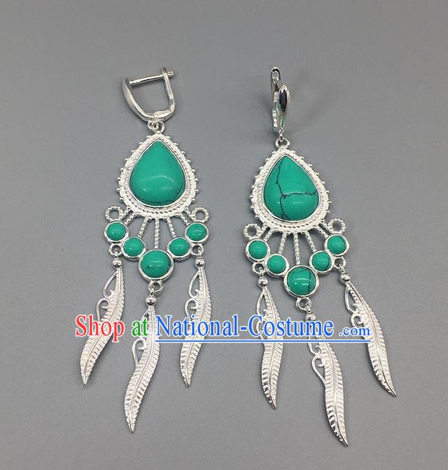 Traditional Chinese Mongolian Kallaite Earring Mongol Nationality Ethnic Sliver Ear Accessories for Women