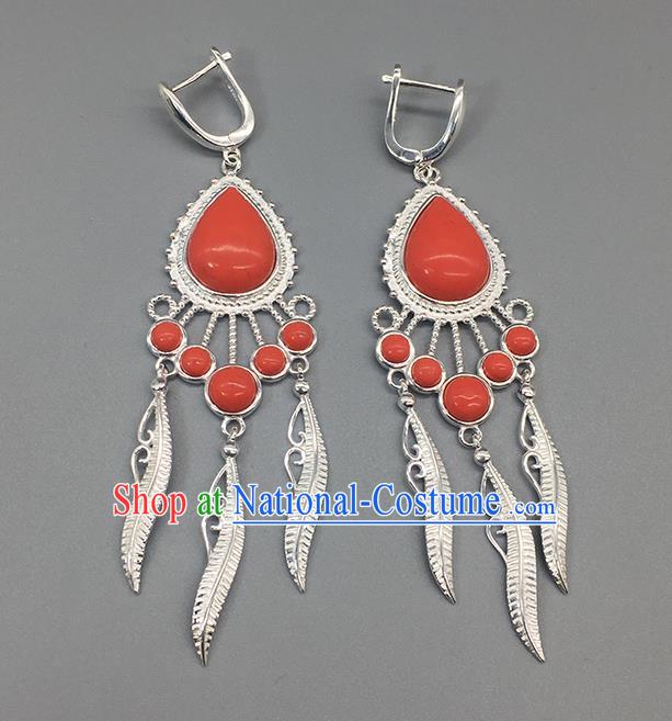 Traditional Chinese Mongolian Coral Stone Earring Mongol Nationality Ethnic Sliver Ear Accessories for Women