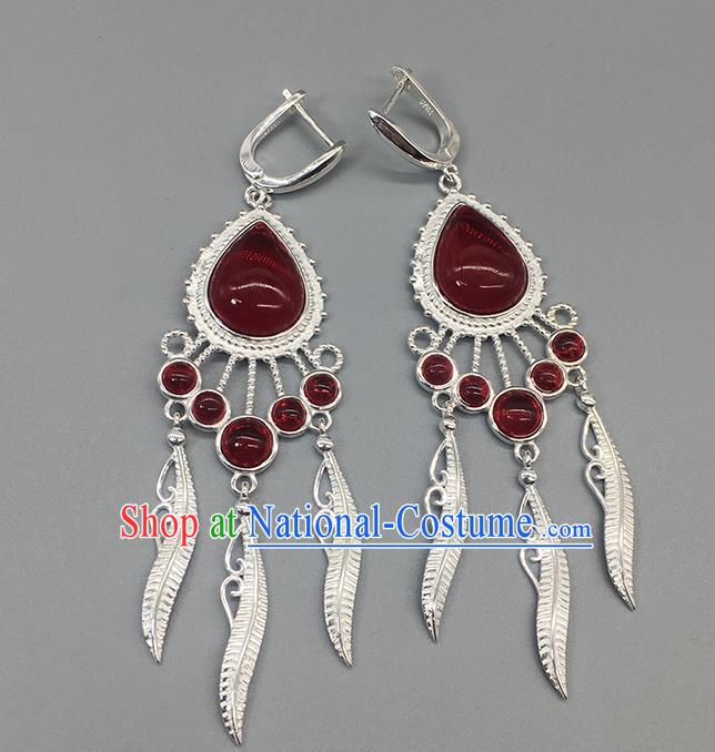 Traditional Chinese Mongolian Garnet Earring Mongol Nationality Ethnic Sliver Ear Accessories for Women