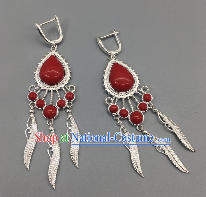 Traditional Chinese Mongolian Red Stone Earring Mongol Nationality Ethnic Sliver Ear Accessories for Women