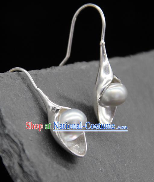 Traditional Chinese Mongolian Pearl Earring Mongol Nationality Ethnic Sliver Ear Accessories for Women