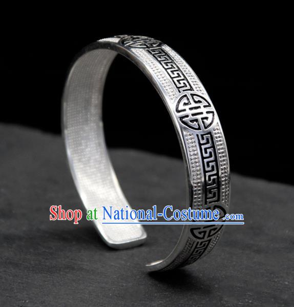 Traditional Chinese Mongolian Ethnic Carving Sliver Bracelet Mongol Nationality Bangle Accessories for Women