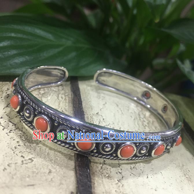 Traditional Chinese Mongolian Ethnic Carving Sliver Bracelet Mongol Nationality Coral Stone Bangle Accessories for Women