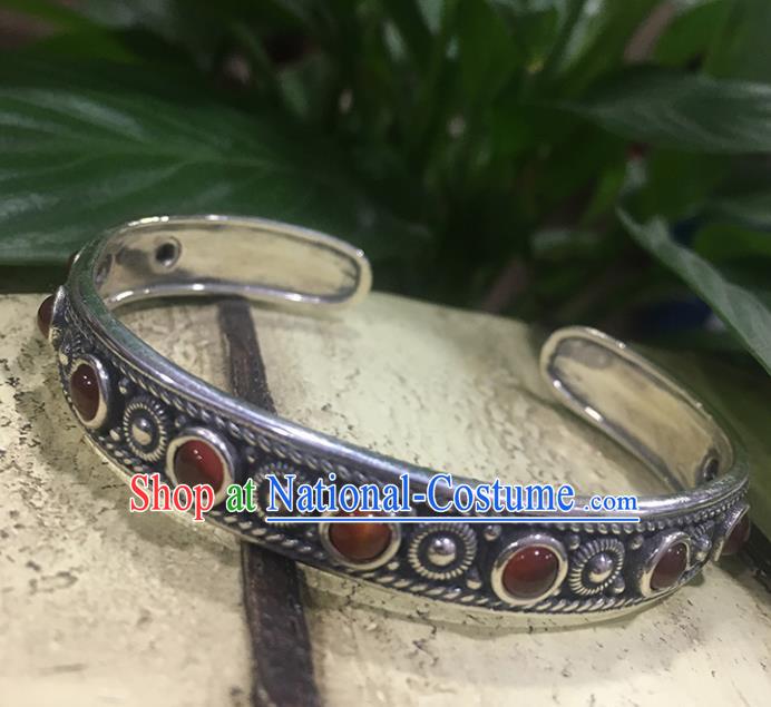 Traditional Chinese Mongolian Ethnic Carving Sliver Bracelet Mongol Nationality Garnet Bangle Accessories for Women