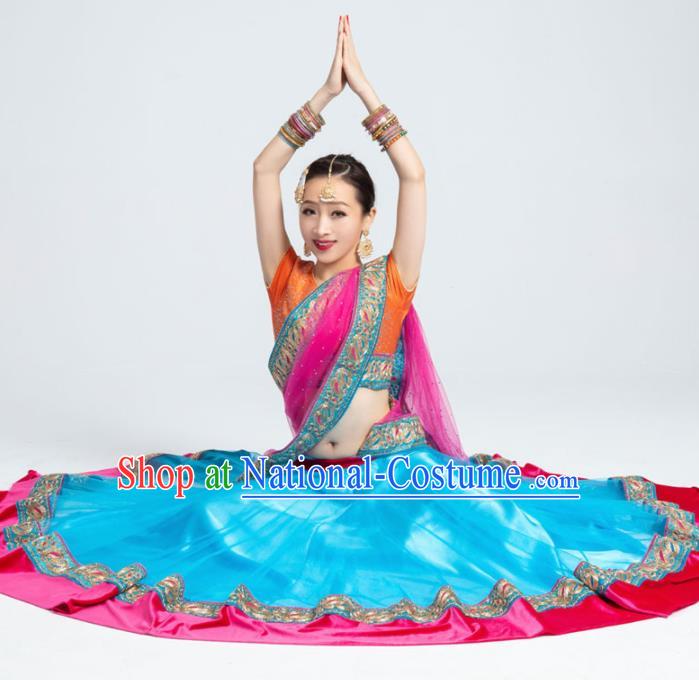 Asian India Traditional Bollywood Costumes South Asia Indian Belly Dance Blue Dress for Women