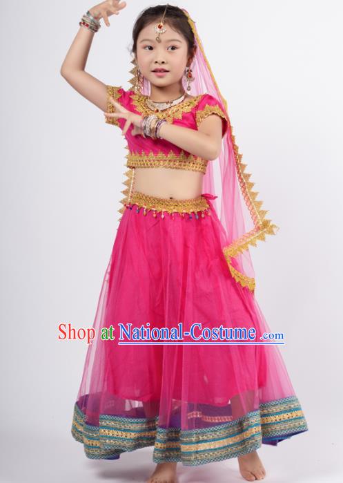 Asian India Rosy Sari Traditional Bollywood Costumes South Asia Indian Princess Belly Dance Dress for Kids