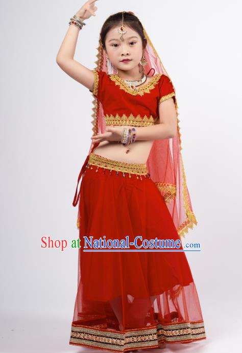 Asian India Red Sari Traditional Bollywood Costumes South Asia Indian Princess Belly Dance Dress for Kids