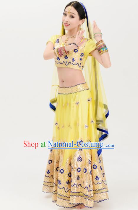 Asian India Traditional Yellow Sari Bollywood Belly Dance Costumes South Asia Indian Princess Dress for Women