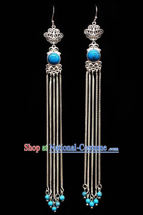 Traditional Chinese Mongolian Ethnic Long Tassel Earring Mongol Nationality Blue Stone Ear Accessories for Women