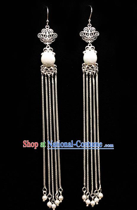 Traditional Chinese Mongolian Ethnic Long Tassel Earring Mongol Nationality White Bead Ear Accessories for Women