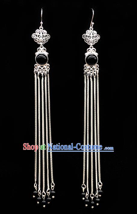 Traditional Chinese Mongolian Ethnic Long Tassel Earring Mongol Nationality Black Bead Ear Accessories for Women