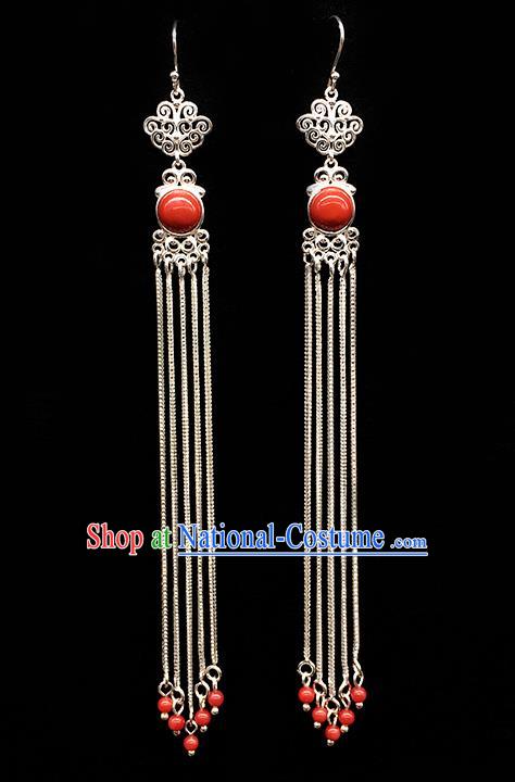 Traditional Chinese Mongolian Ethnic Long Tassel Earring Mongol Nationality Orange Bead Ear Accessories for Women