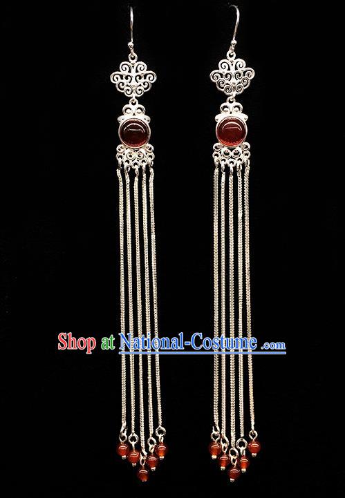 Traditional Chinese Mongolian Ethnic Long Tassel Earring Mongol Nationality Red Bead Ear Accessories for Women