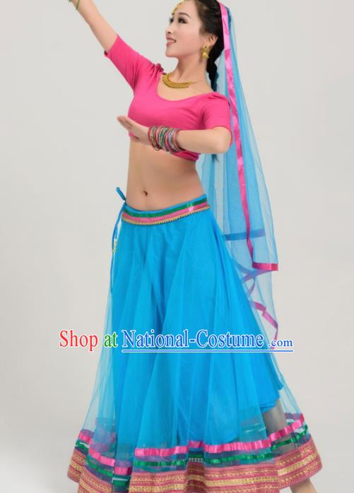 Asian India Traditional Sari Bollywood Belly Dance Costumes South Asia Indian Princess Blue Veil Dress for Women