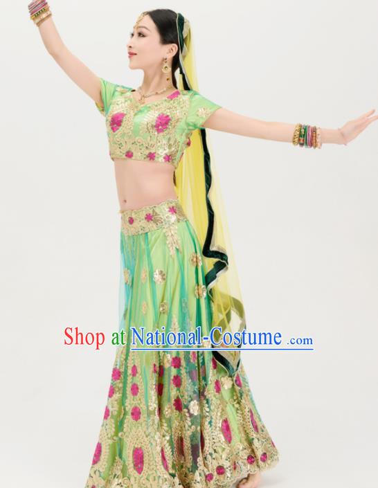 Asian India Traditional Sari Bollywood Belly Dance Costumes South Asia Indian Princess Light Green Dress for Women